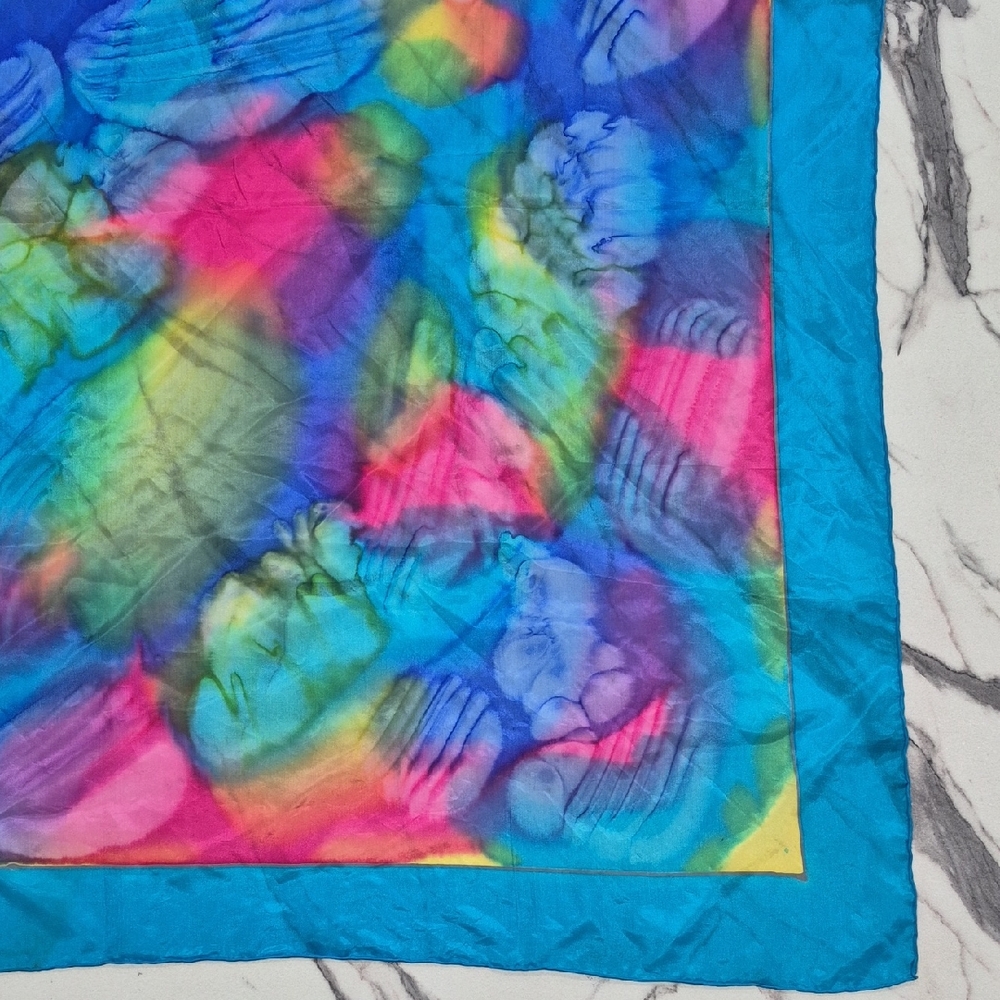 Vintage Colorful Silk Scarf, 34x34 Square, Aqua Blue Pink Green